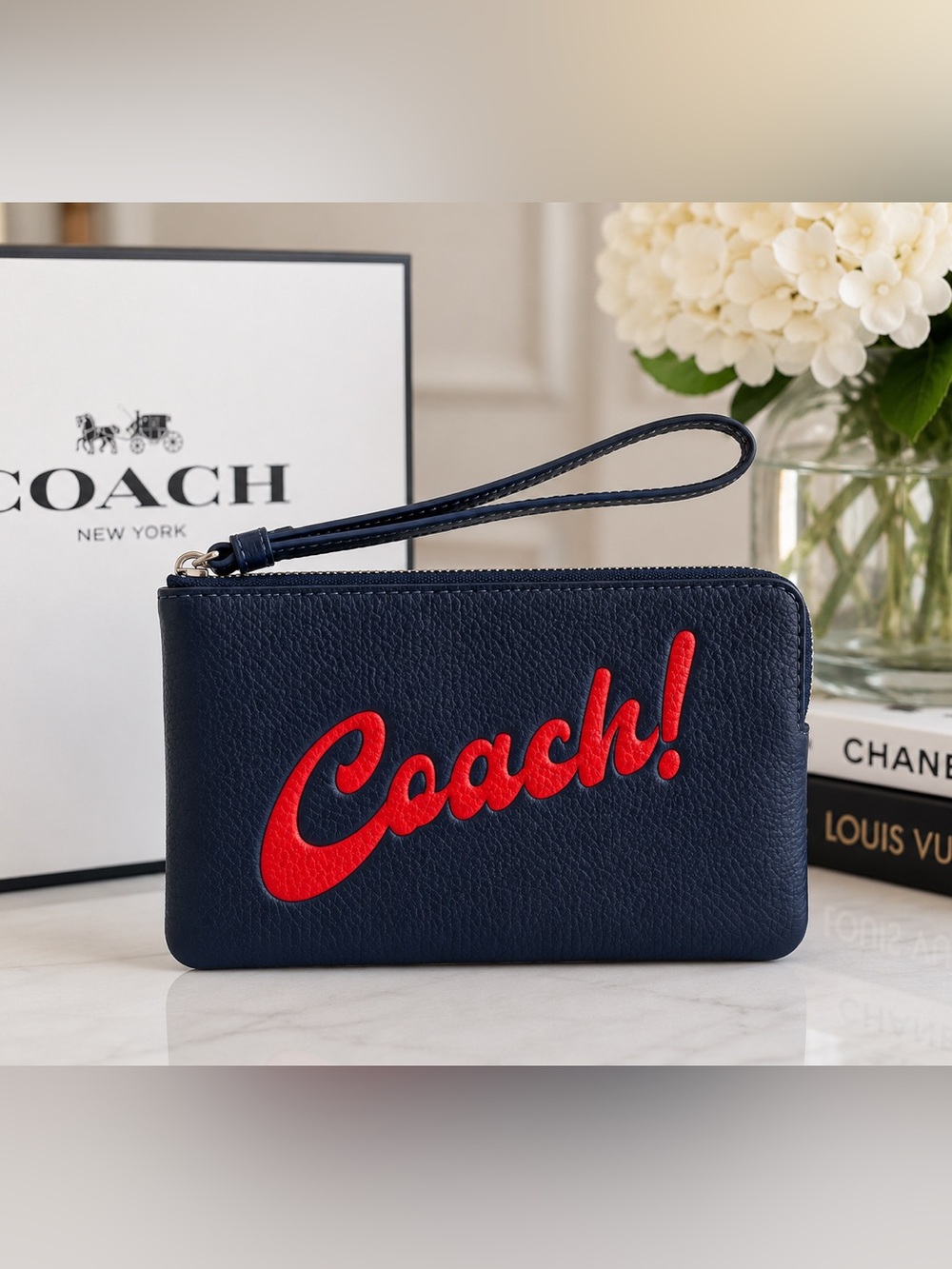 Coach NAVY Leather Wristlet with Red Script Logo - Picture 1 of 8